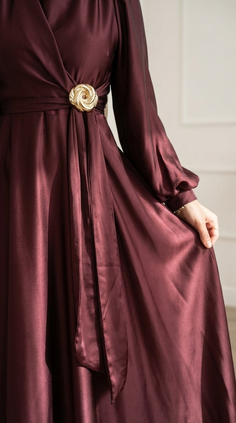 Elegant Satin Dress with Golden Buckle