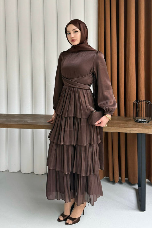 Layered Ruffle Maxi Dress -Brown