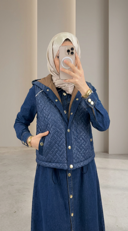 Chic Denim Dress & Waterproof Jacket Look