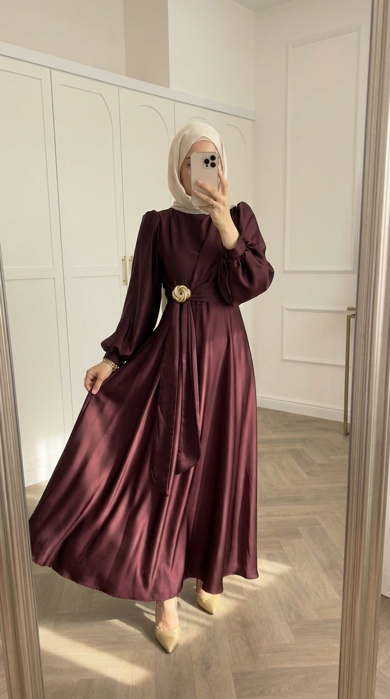 Elegant Satin Dress with Golden Buckle