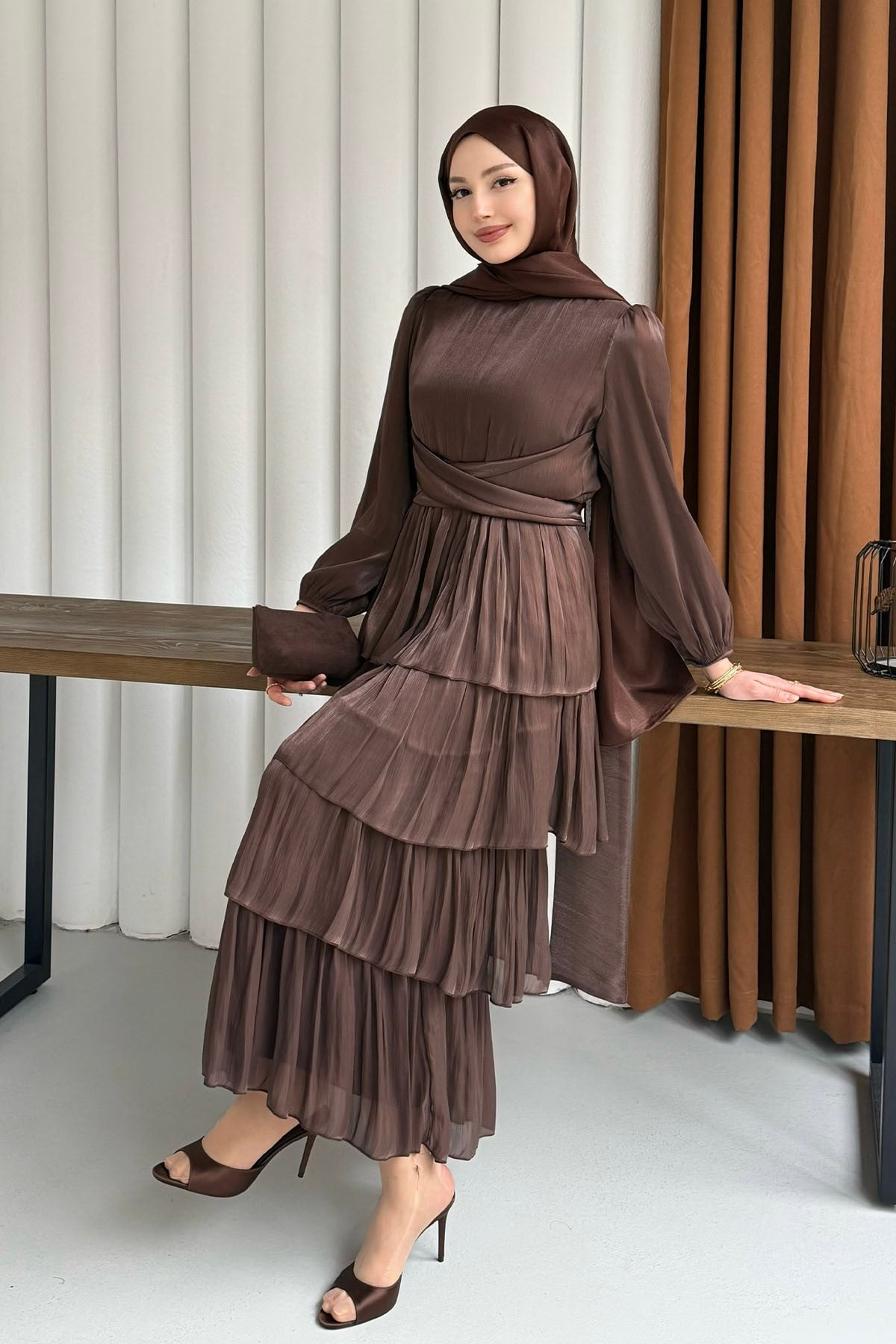Layered Ruffle Maxi Dress -Brown