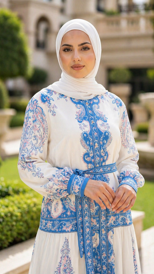 Sky Blossom Dress With Belt