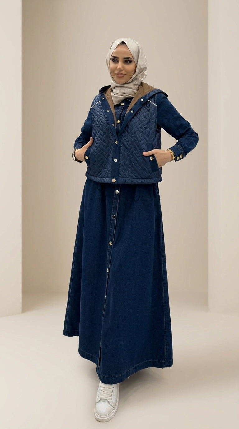 Chic Denim Dress & Waterproof Jacket Look