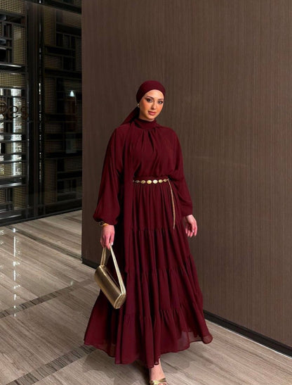 Royal Chiffon Burgundy Skirt Set With Golden Belt