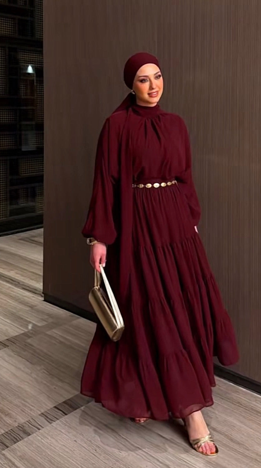 Royal Chiffon Burgundy Skirt Set With Golden Belt