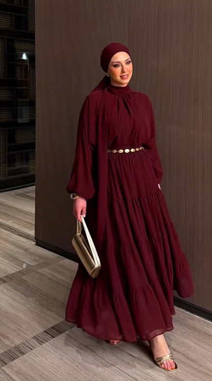 Royal Chiffon Burgundy Skirt Set With Golden Belt