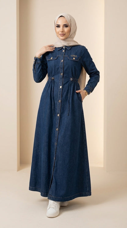 Chic Denim Dress & Waterproof Jacket Look