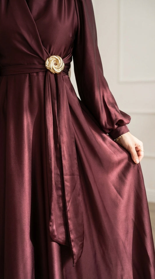 Elegant Satin Dress with Golden Buckle