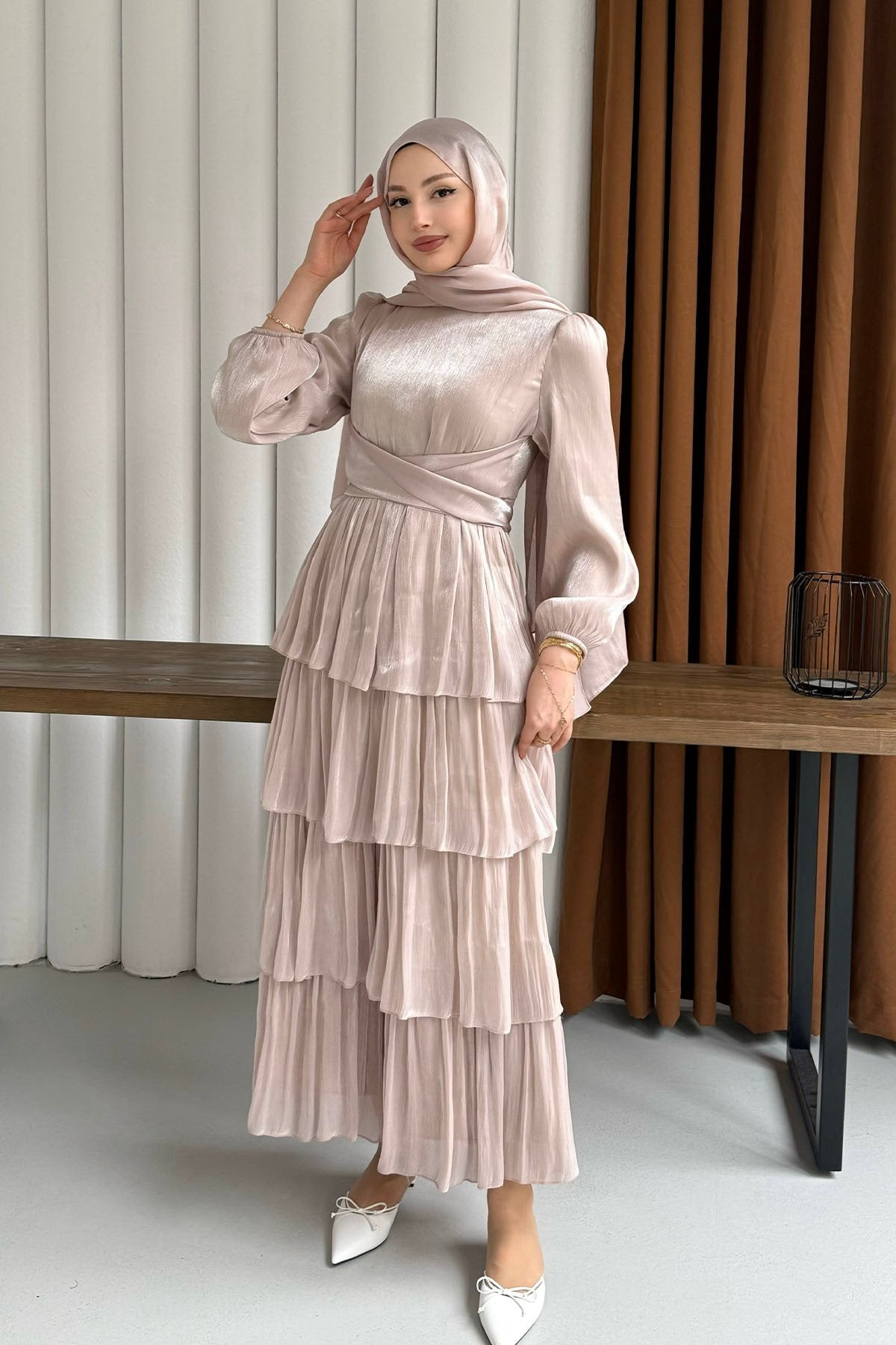 Layered Ruffle Maxi Dress - Nude