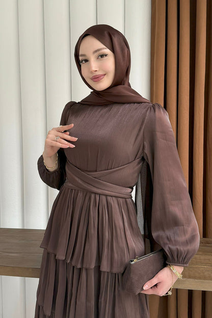 Layered Ruffle Maxi Dress -Brown