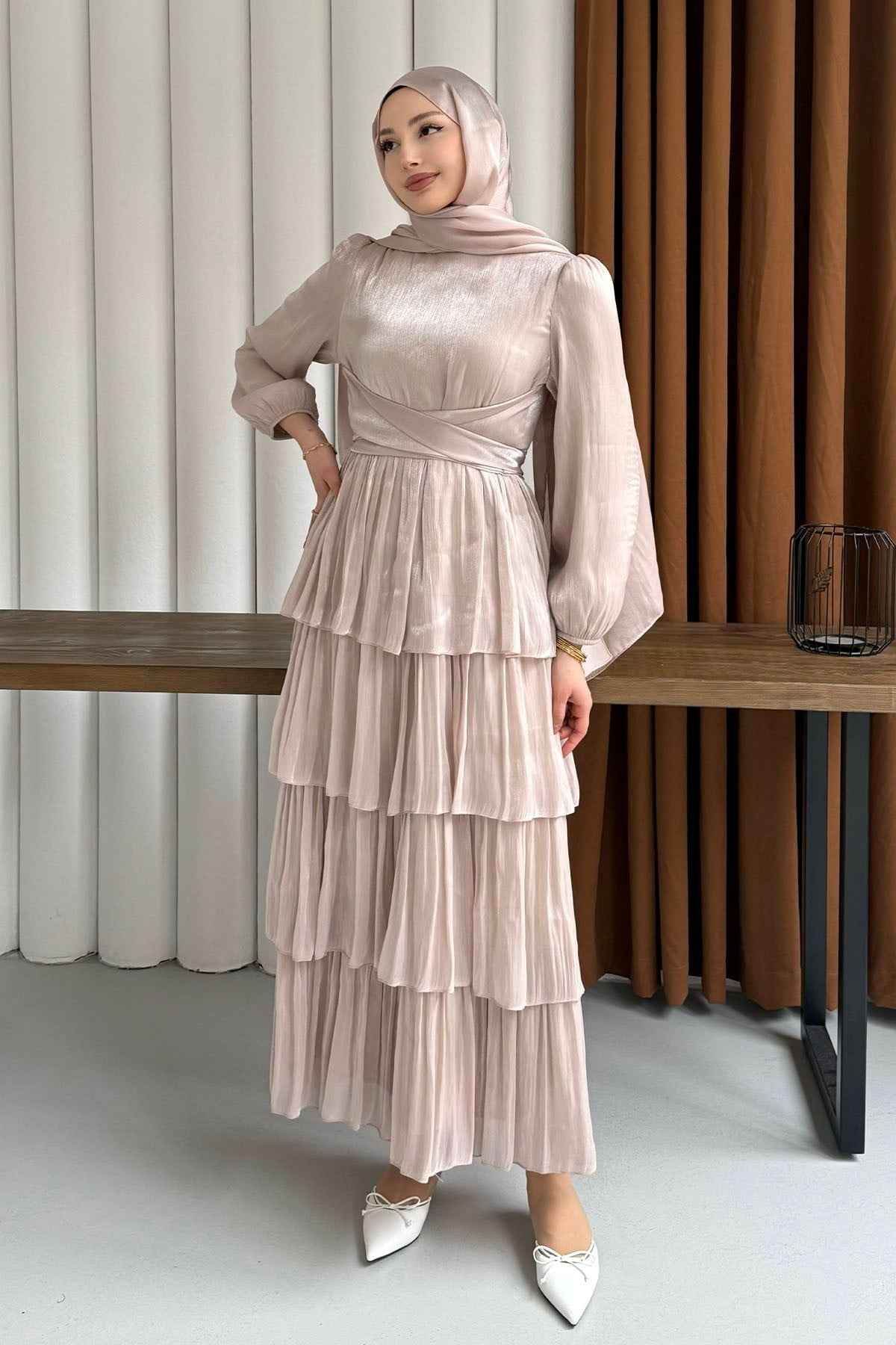 Layered Ruffle Maxi Dress - Nude