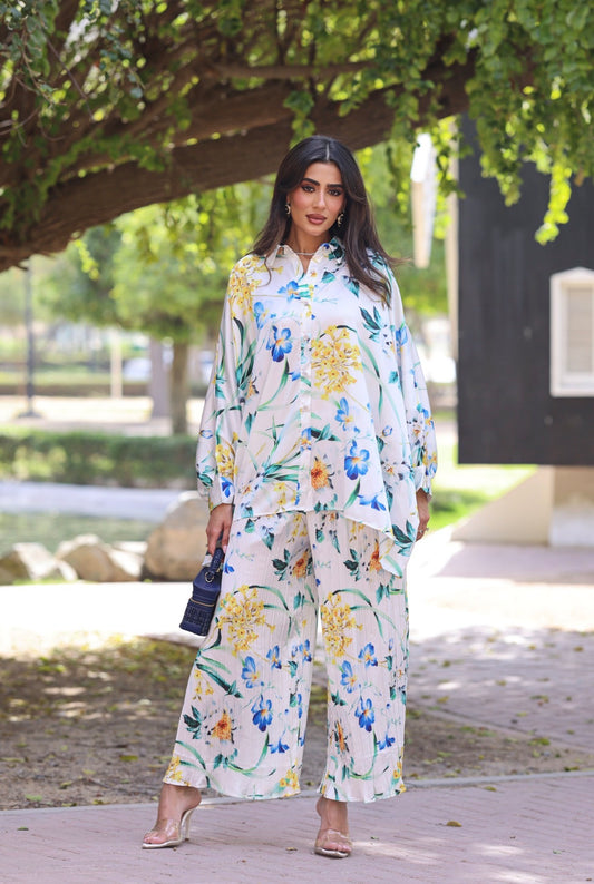 Gardenia Satin Set with Plissé Pant