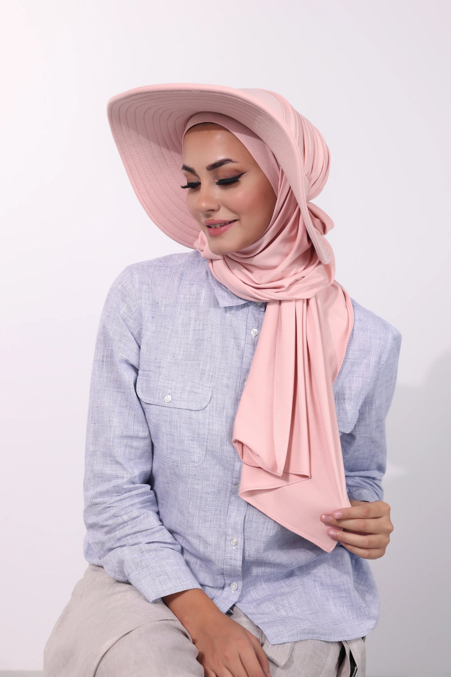 Adjustable Summer Hat + Matching Separate Hijab - Peach