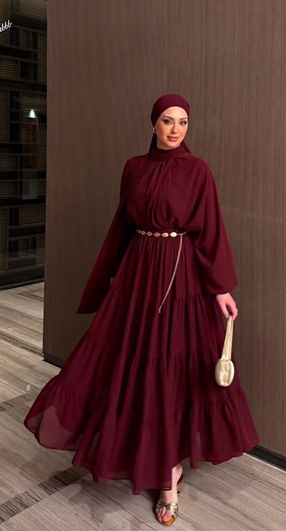 Royal Chiffon Burgundy Skirt Set With Golden Belt