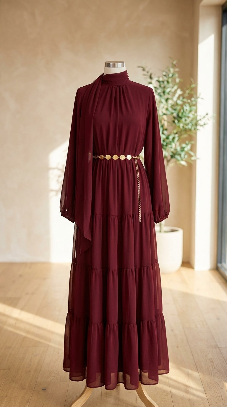 Royal Chiffon Burgundy Skirt Set With Golden Belt
